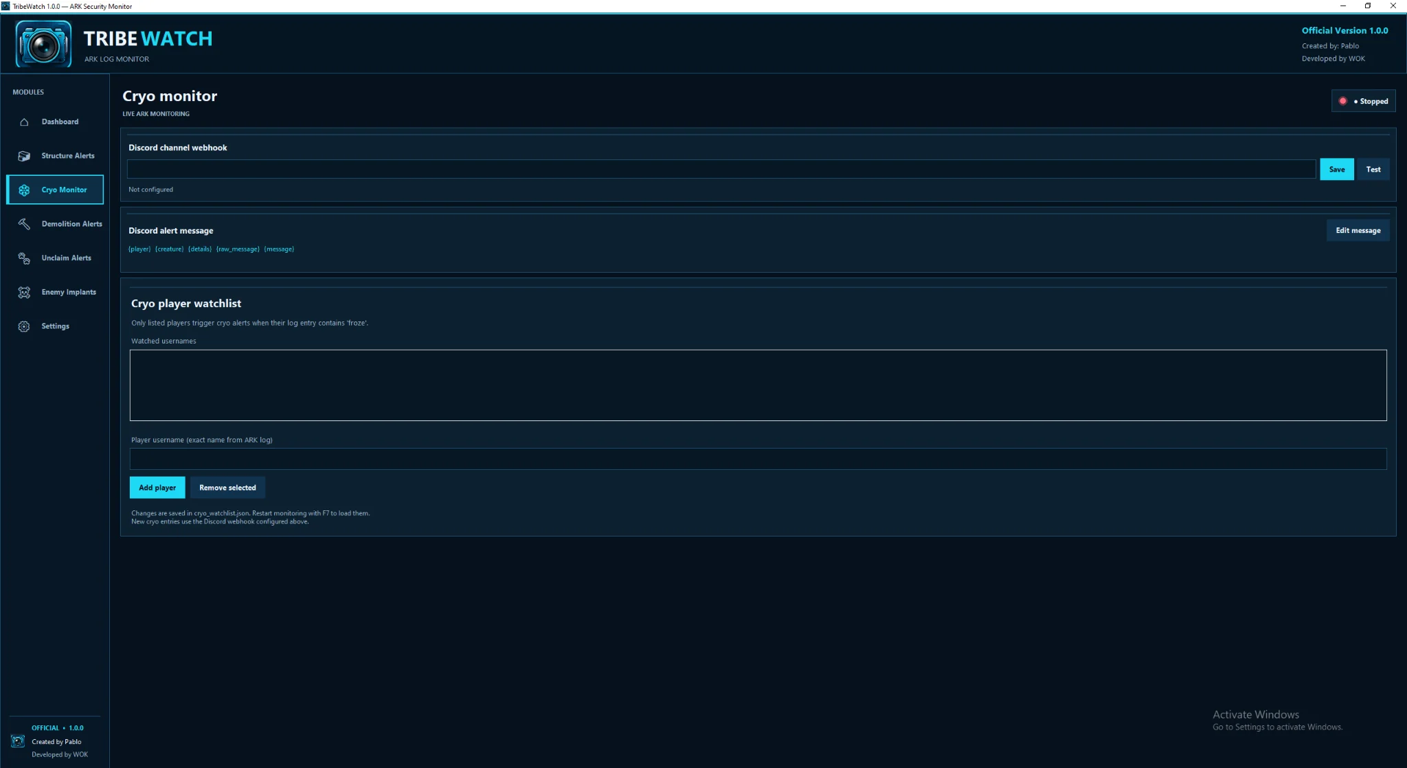 Cryo Monitor module with watched-player controls