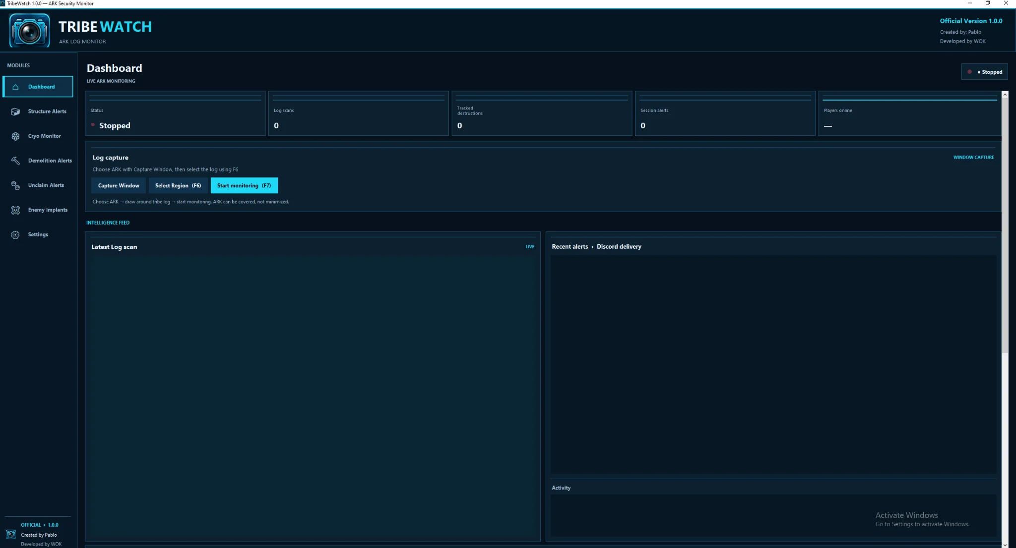TribeWatch application Dashboard showing capture controls, log feed and Discord alerts